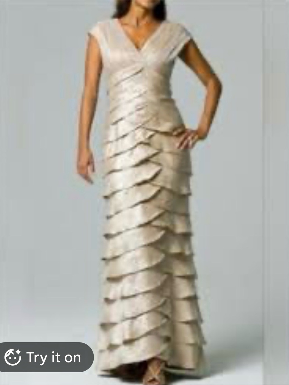 David's Bridal Elegant Champagne Tiered Evening Gown - V-Neck Cap Sleeve